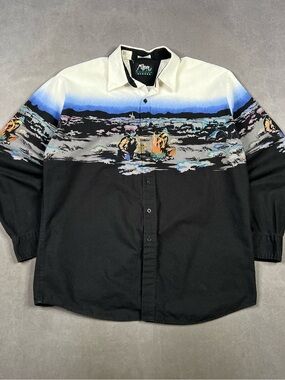 Vintage Roper Black, White & Blue Scenic Western Shirt Cowboy